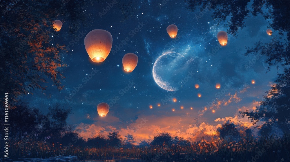 Starry Night Sky with Lanterns Floating Like Balloons Starry Night Sky with Lanterns Floating Like Balloons