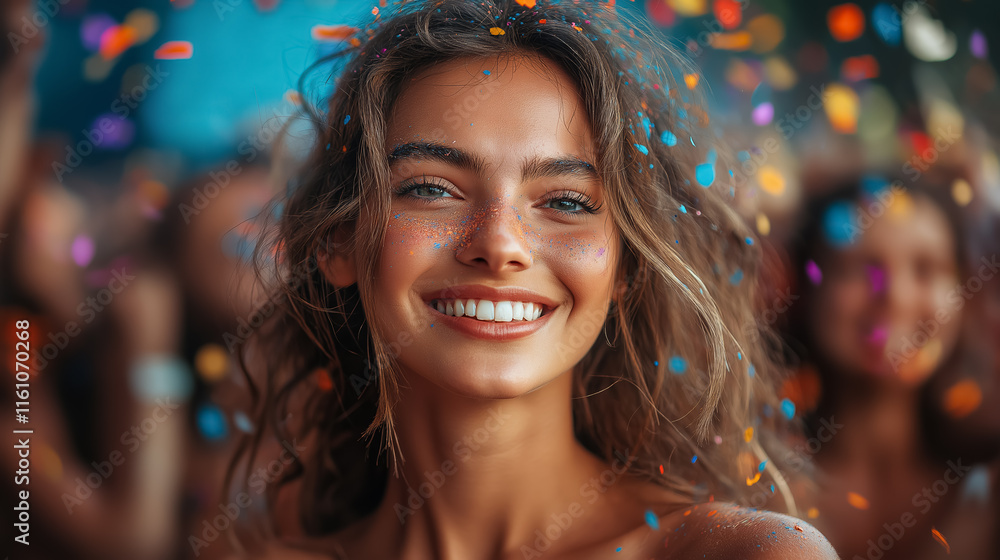 Smiling woman with curly hair in festive lights Smiling woman with curly hair in festive lights