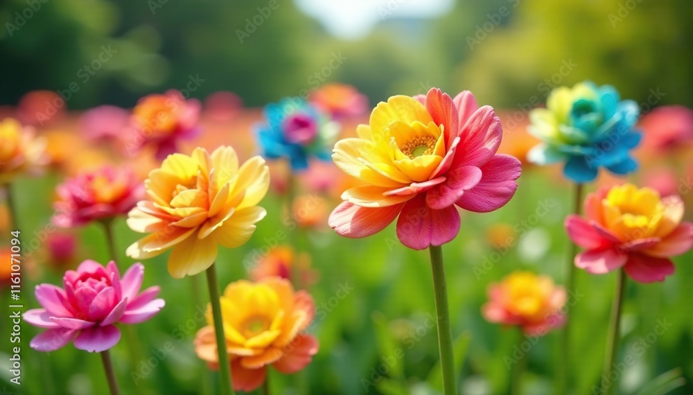Obraz premium Rainbow-colored lollipop flowers blooming on a field, lollipop, garden, colorful