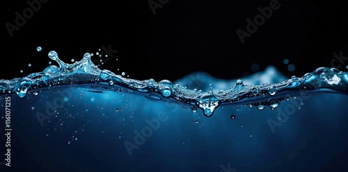Pure blue water with tiny bubbles and foam on black background, black, background