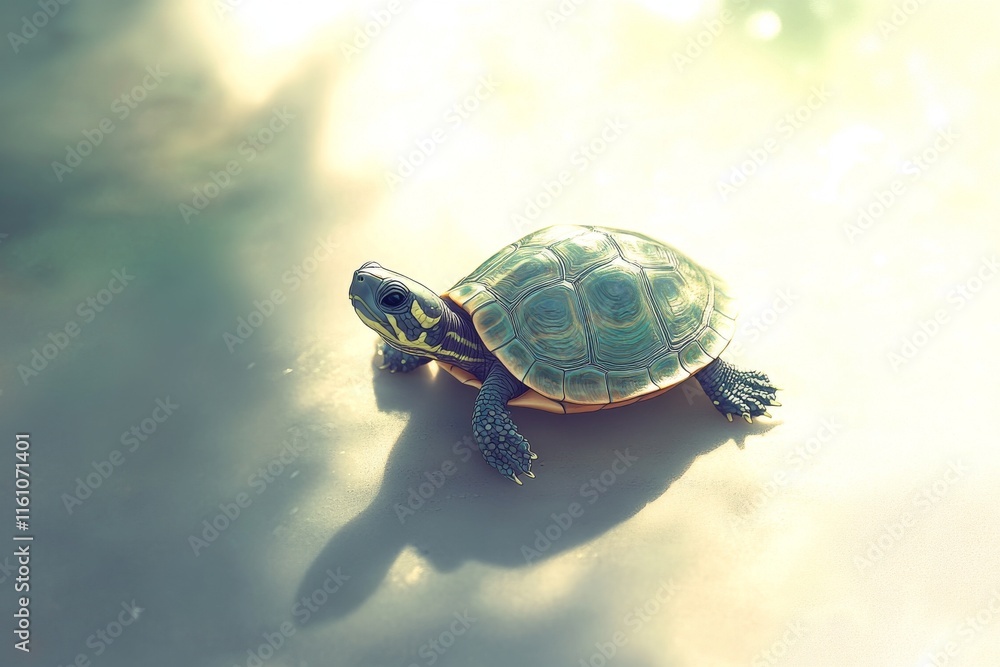 Obraz premium A turtle resting on a serene surface, showcasing its vibrant shell and calm demeanor.