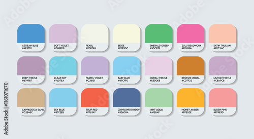 Pastel Color Palette in RGB HEX, Catalog Samples of Boring colors Vector, Low triad Color Guide Palette with Color Names. Color Palette Vector, Children Colors Palette, Fashion Trend Pastel Colors