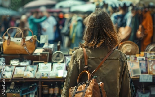 Woman buying frames on vintage market. Copy space, defocused, blurred background. Low desire living. Visible mending, thrifting aesthetic concept. Repairability, mendable, up cycle photo