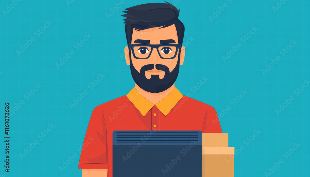 Inventory management order planning. A man with glasses wearing a red shirt stands with a laptop and boxes against a blue background. Inventory management order planning. A man with glasses wearing a red shirt stands with a laptop and boxes against a blue background.