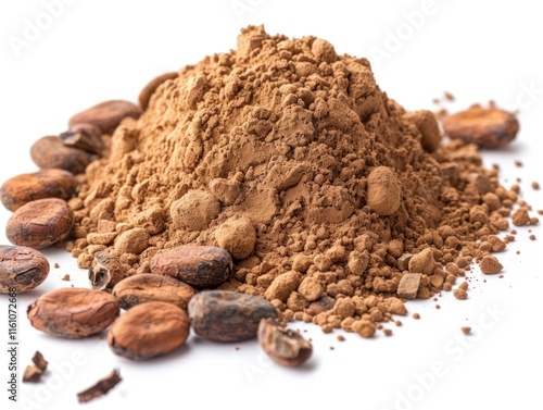This image showcases a pile of cocoa powder surrounded by whole cacao beans, suggesting it's used as a seasoning or baking ingredient to add natural sweetness and flavor.