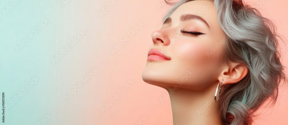 Stylish woman with feather earrings against a pastel background ideal for text placement showcasing modern beauty and fashion trends Stylish woman with feather earrings against a pastel background ideal for text placement showcasing modern beauty and fashion trends