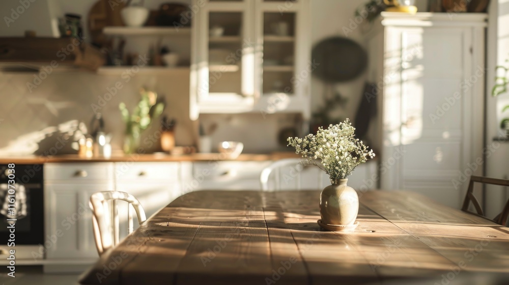 Kitchen with a wooden table and a vase of flowers on it. The table is surrounded by chairs and there are several potted plants in the room. Scene is warm and inviting Kitchen with a wooden table and a vase of flowers on it. The table is surrounded by chairs and there are several potted plants in the room. Scene is warm and inviting