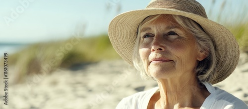 Serene elderly woman in a sun hat enjoying the beach with tranquil surroundings and ample space for overlaying text or graphics photo