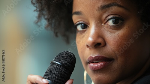 Journalist engaged in insightful interview with focused expression in urban setting photo