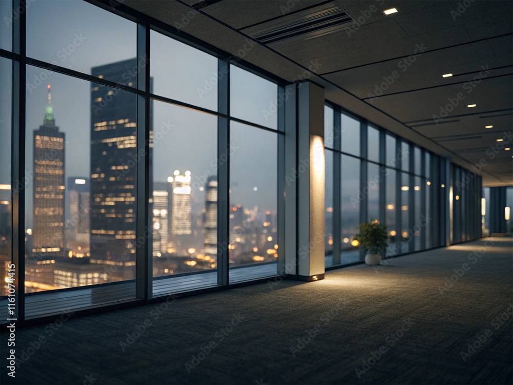 Obraz premium A modern office with glass walls and a luxurious view of the city or buildings outside at night.