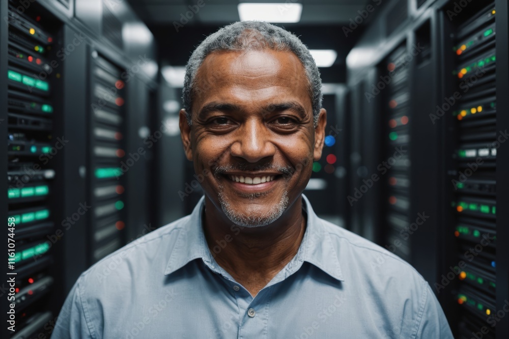 Close portrait of a smiling senior Dominican male IT worker looking at the camera, against dark server room blurred background. Close portrait of a smiling senior Dominican male IT worker looking at the camera, against dark server room blurred background.