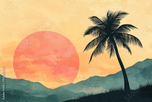 Sunset Landscape Featuring Palm Tree Silhouette and Mountains