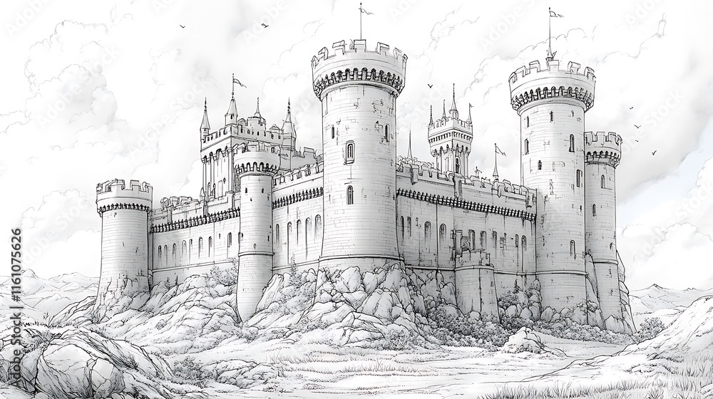 Medieval Towering Architecture Captured in Castle Illustration with Detailed Photo