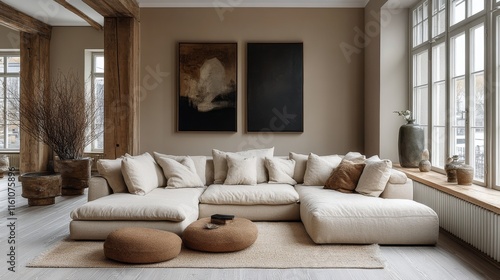 Stylish living room with neutral colors and natural textures for a calming atmosphere