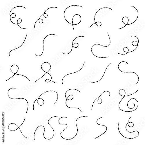 Hand drawn dotted lines path on white background. Curved dotted line, Path travel dotted line trip dashed trace destination. Vector illustration. EPS 10ration