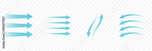 Air flow arrow. Set of blue arrow showing wind air flow. Vector set of air flow arrows. Blue air flow arrows showing wind circulation and ventilation.