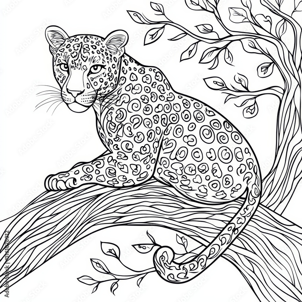 Obraz premium Leopard in a Tree: A detailed line drawing of a regal leopard perched on a tree branch, its intricate spots and powerful gaze captivating the viewer. Perfect for coloring books, nature-themed designs.