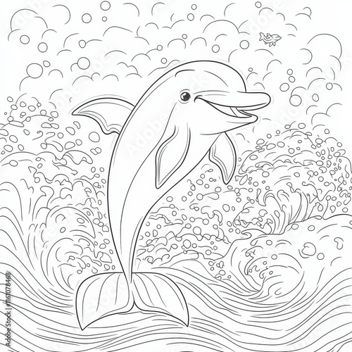 Playful Dolphin Leaping Through Waves:  A happy dolphin leaps through playful waves,  ready for coloring.  This whimsical illustration depicts a moment of pure joy and freedom in the ocean. photo