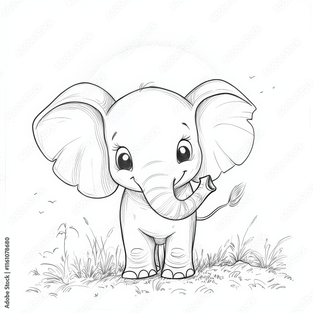 Adorable Baby Elephant Illustration: A charming and endearing illustration of a baby elephant with big eyes and a playful trunk, standing in a field of grass. Adorable Baby Elephant Illustration: A charming and endearing illustration of a baby elephant with big eyes and a playful trunk, standing in a field of grass.