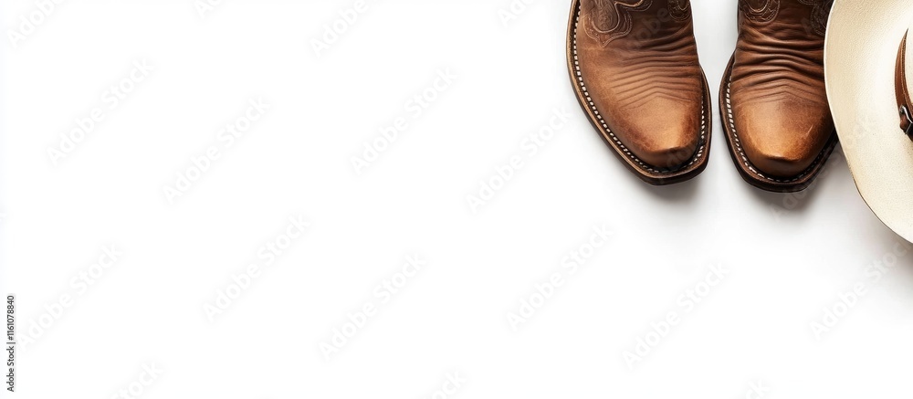 Cowboy hat leather boots and belt arrangement on white background with ample space for text display in western fashion theme Cowboy hat leather boots and belt arrangement on white background with ample space for text display in western fashion theme