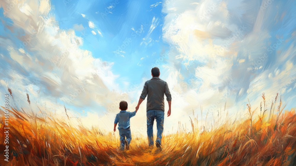 heartwarming scene of man walking with his young son in golden field under bright blue sky. bond between them is evident as they enjoy peaceful moment together heartwarming scene of man walking with his young son in golden field under bright blue sky. bond between them is evident as they enjoy peaceful moment together