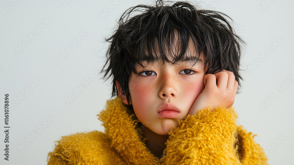 hyper realistic photograph of East Asian boy with tousled hair, wearing fuzzy yellow sweater, displaying thoughtful expression hyper realistic photograph of East Asian boy with tousled hair, wearing fuzzy yellow sweater, displaying thoughtful expression