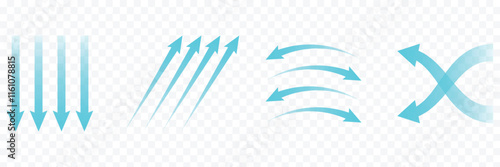 Set of blue arrow showing air or wind flow. Air conditioner direction. Isolated vector on white background element.