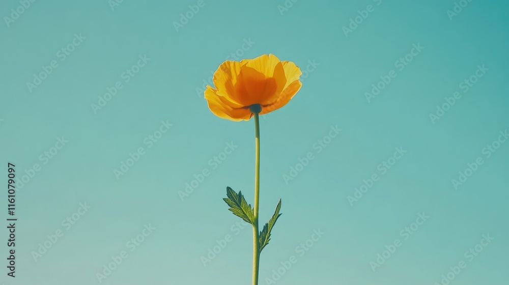 Obraz premium Yellow Flower with Green Stem Against a Clear Blue Sky Simple Minimalist Aesthetic
