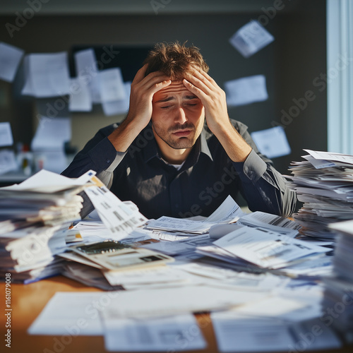 stressed man sitting at cluttered table surrounded by piles of paperwork, looking overwhelmed and frustrated. chaotic environment reflects his anxiety and pressure