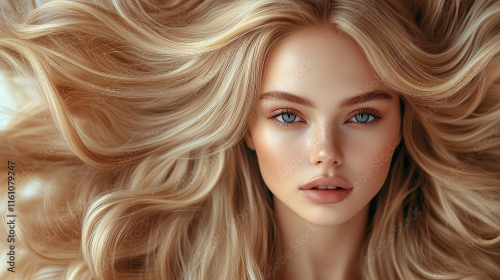 close up portrait of beautiful blonde woman with long, wavy hair, showcasing her striking blue eyes and flawless skin, exuding confidence and elegance