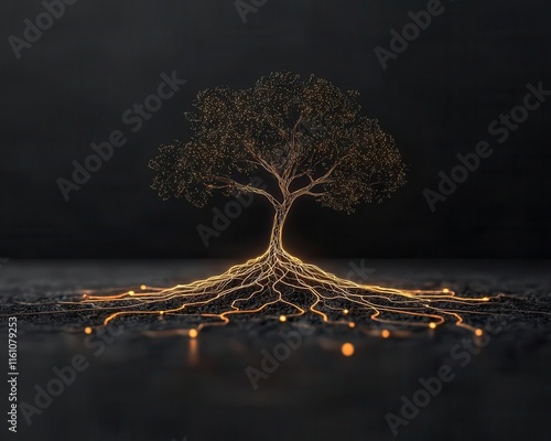 Radiant tree with glowing roots and branches reaching outward, representing connected purpose photo