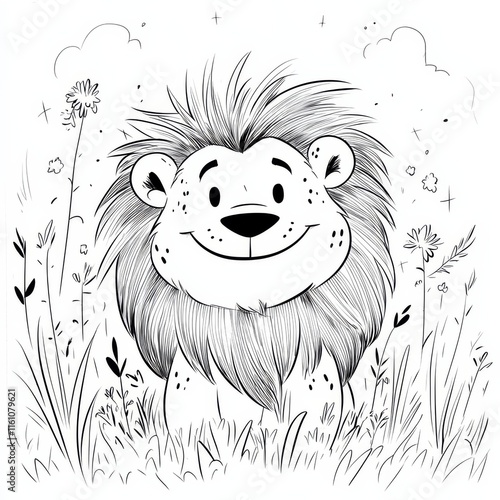 Smiling Lion in Meadow: A charming illustration of a friendly lion cub nestled amongst wildflowers, radiating happiness and warmth. Perfect for children's books, greeting cards, and more.  photo