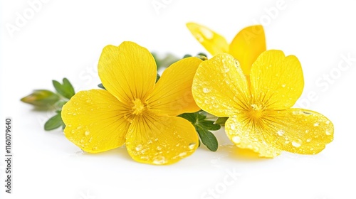 Vibrant Yellow Flowers with Dew Drops on a Clean White Background for Nature and Floral Designs