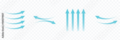 Air flow arrow. Set of blue arrows showing direction of air movement. Air flow isolated on white background.