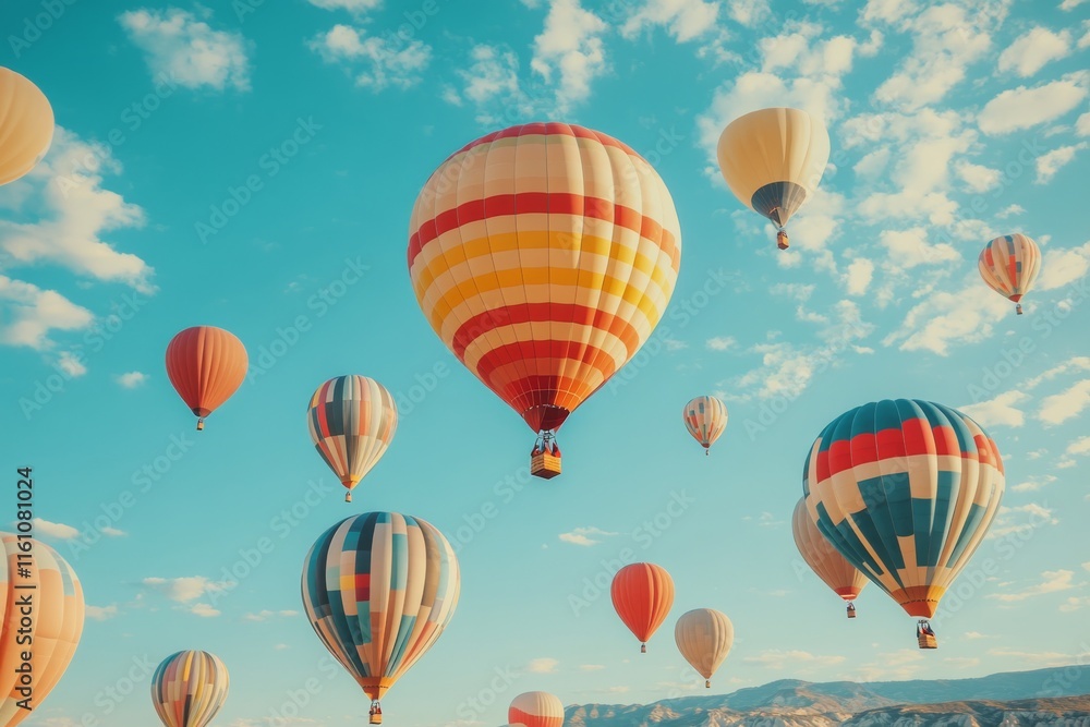 Obraz premium Colorful floating spheres creating dynamic patterns against a bright blue sky
