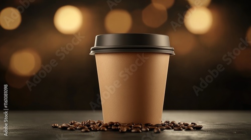 Minimalist coffee cup with coffee beans on a blurred bokeh background for beverage and cafe related themes photo