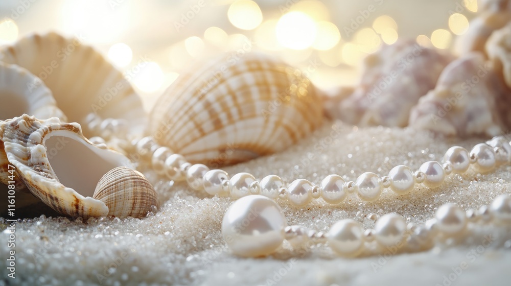 Seashells and Pearls on Sandy Beach Glimmering Under Soft Light Ideal for Coastal Decor and Ocean Inspired Themes Seashells and Pearls on Sandy Beach Glimmering Under Soft Light Ideal for Coastal Decor and Ocean Inspired Themes