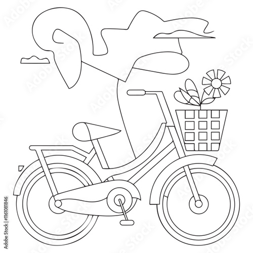 Bicycle with a basket of flowers black and white illustration for coloring