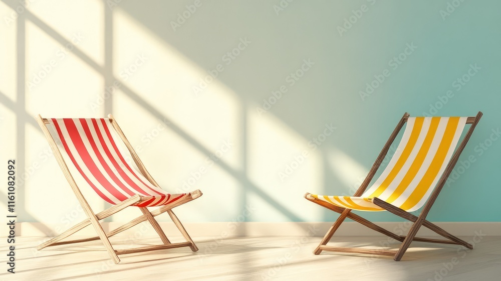 Bright striped deck chairs in a sunlit room creating a vibrant and relaxed atmosphere for leisure and comfort. Bright striped deck chairs in a sunlit room creating a vibrant and relaxed atmosphere for leisure and comfort.