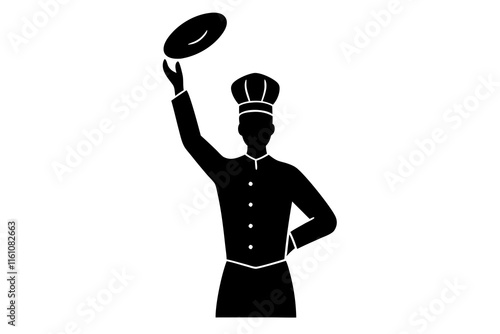 Silhouette of a chef tossing pizza dough in the air vector illustration on white background