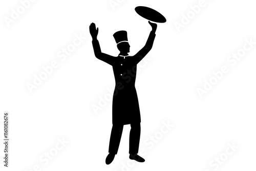 Silhouette of a chef tossing pizza dough in the air, flat vector illustration on white background