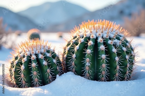 Snow-covered Cylindropuntia and Opuntia cactus with frost-resistant spines, desert plants, cold climate photo