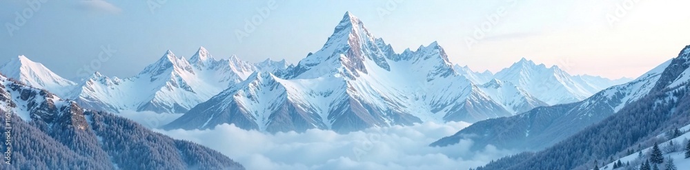 Majestic mountain range with snow-capped peaks and misty sky, serenity, snow Majestic mountain range with snow-capped peaks and misty sky, serenity, snow