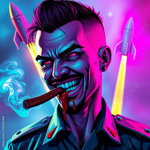 A Cyberpunk Man with a Cigar and Rockets, Posing in Neon Colors. A vibrant digital portrait of a man in a military-style uniform, exuding a menacing yet stylish vibe. photo