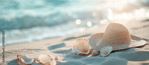 Fototapeta Naklejka Na Ścianę i Meble -  Caribbean Beach Relaxation Scene with Seashells and Straw Hat on Warm Sand for Vacation and Travel Marketing Concepts