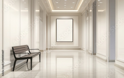 Blank poster frame in a quiet, empty hallway with soft white walls, a modern bench, and warm natural lighting  photo