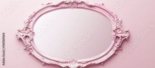 Vintage pink ornate mirror with intricate details and blank reflection space ideal for decoration or branding purposes. photo