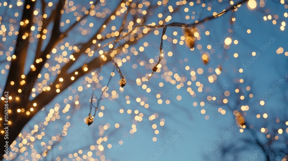 Glowing string lights beautifully illuminating a tree against a serene blue sky creating a magical evening atmosphere Glowing string lights beautifully illuminating a tree against a serene blue sky creating a magical evening atmosphere