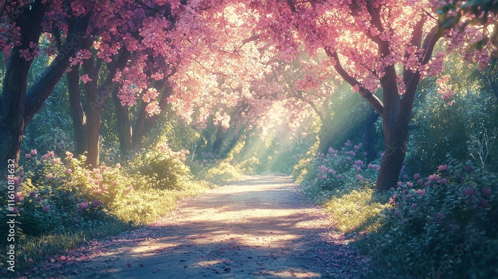 Sunlit Path Through Blossoming Pink Tree Tunnel Sunlit Path Through Blossoming Pink Tree Tunnel