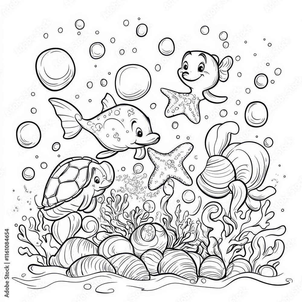 Fototapeta premium Underwater Friends Coloring Page: Adorable sea turtle, playful dolphin, and cheerful starfish frolic amidst vibrant coral and seashells in this charming underwater scene.
